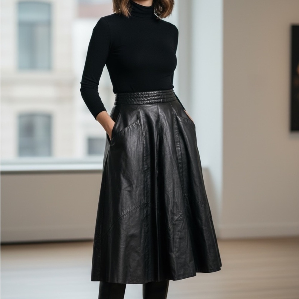 Black Leather Midi Skirt A-Lined Flare Sz S Pockets Whimsigoth Edgy Romantic